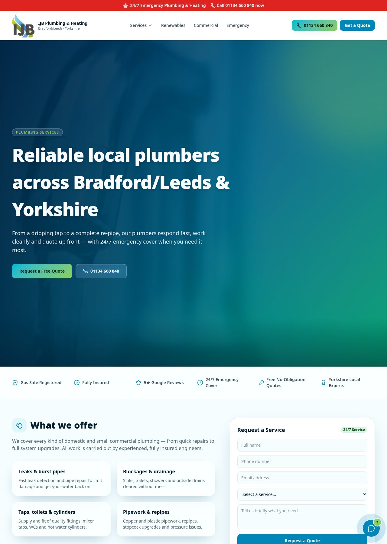 IJB Plumbing and Heating plumbing services page for Bradford, Leeds and Yorkshire