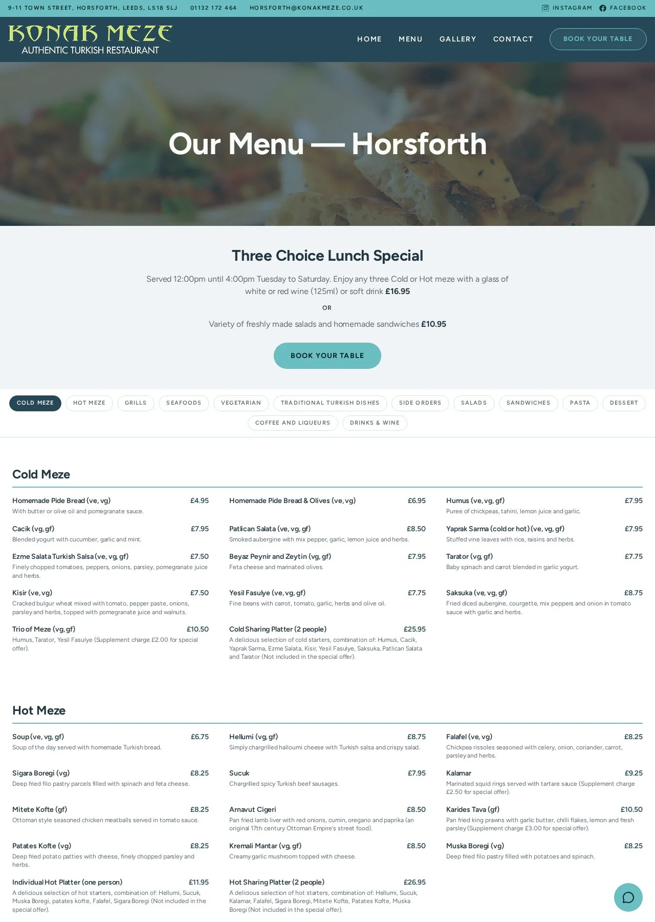Konak Meze Horsforth menu page keeping the same structure for the second location