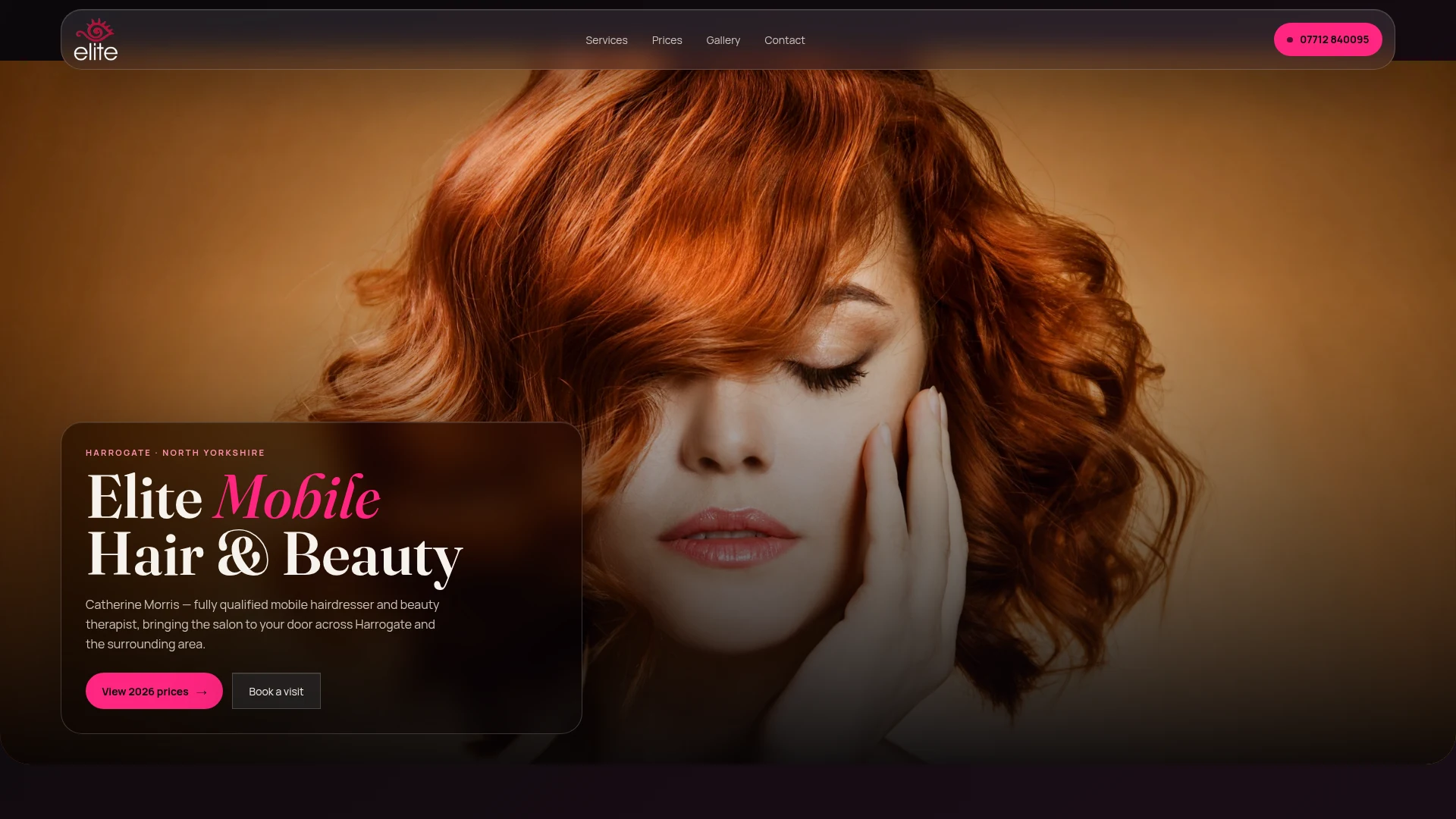 Elite Mobile Hair and Beauty homepage with copper-red hair photography, Harrogate introduction and price and booking links