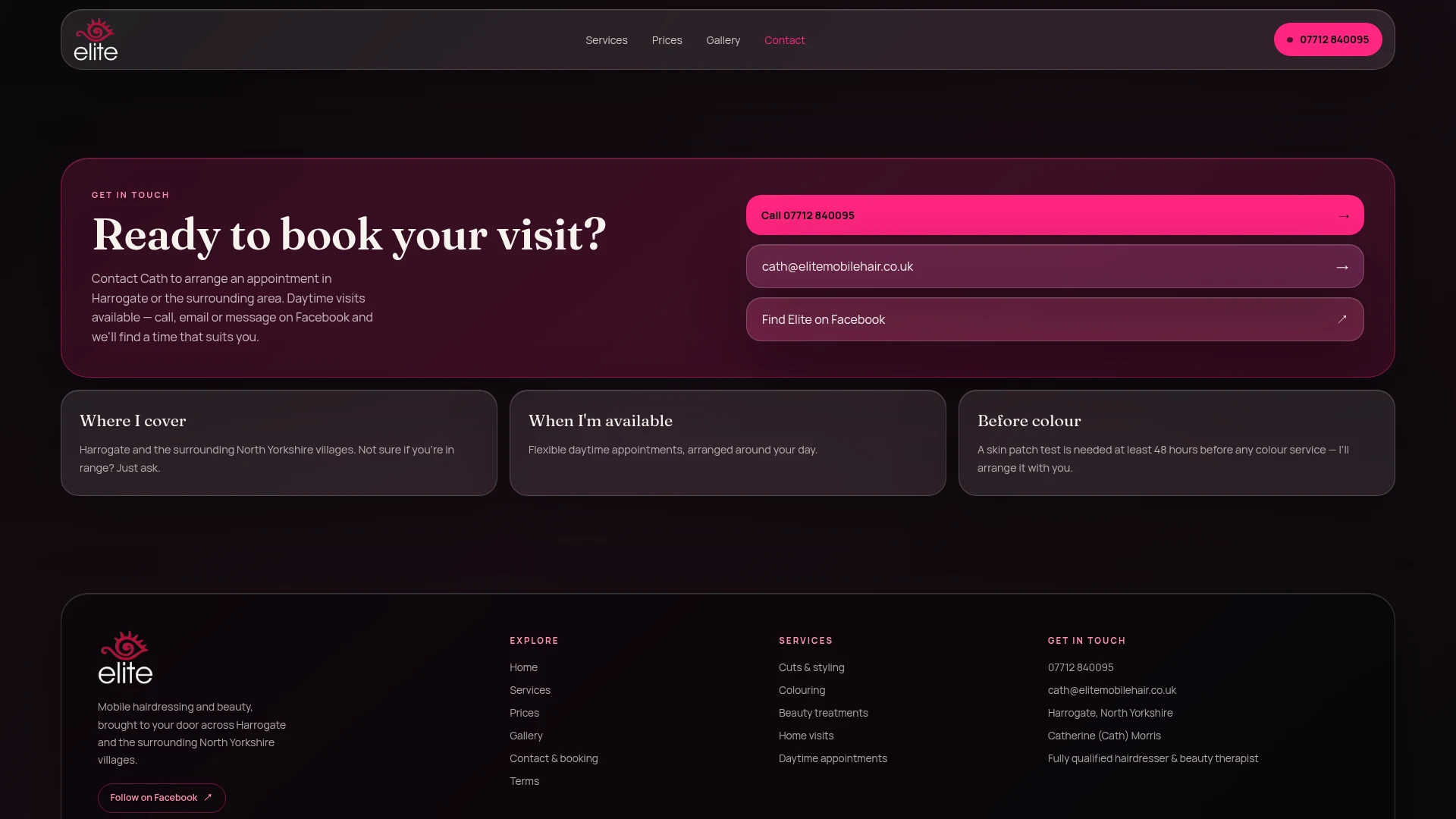 Elite Mobile Hair appointment page showing telephone, email and Facebook contact options, service area and colour patch-test guidance