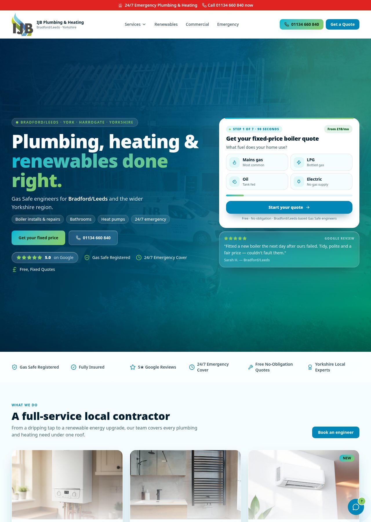 IJB Plumbing and Heating homepage with fixed-price boiler quote journey