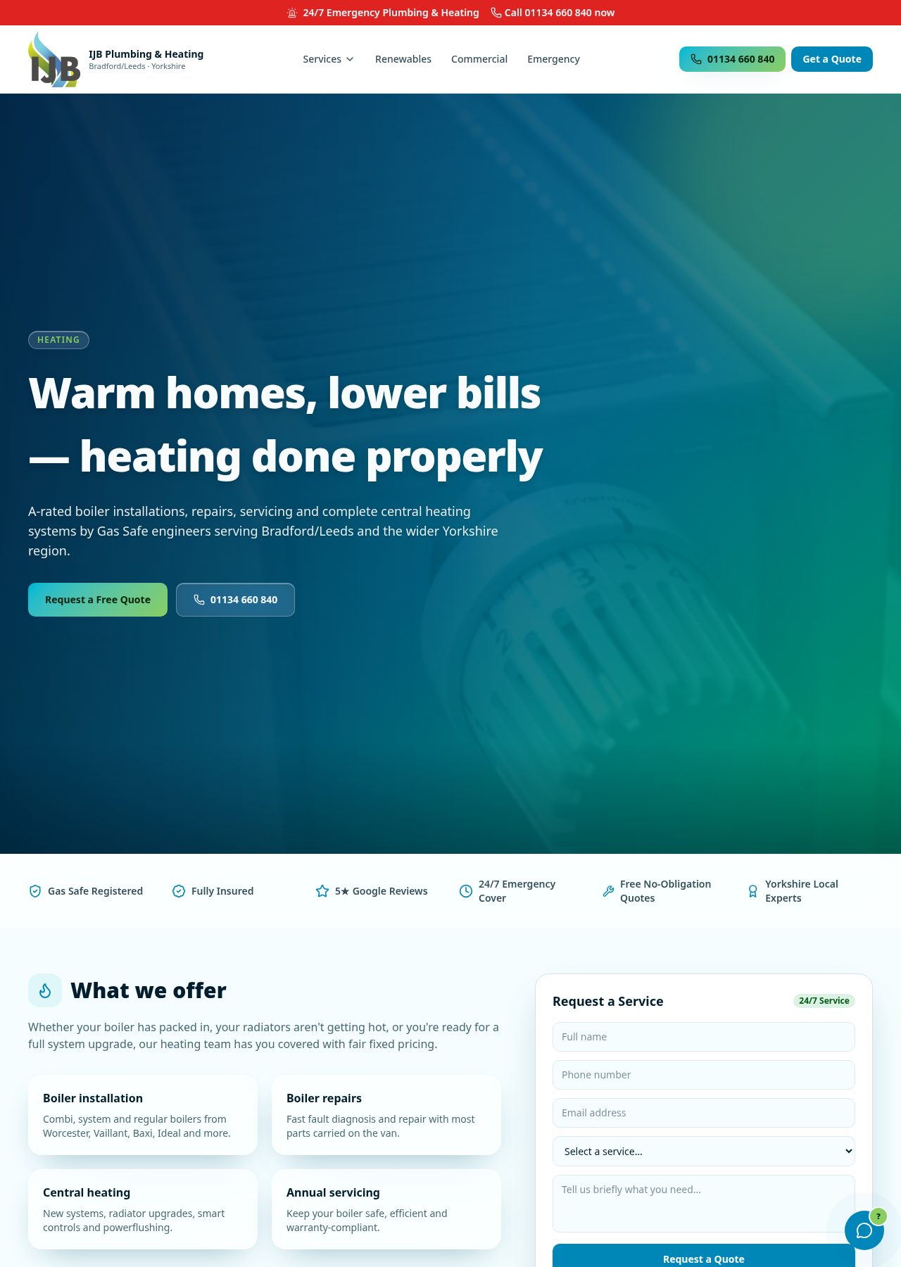 IJB heating engineers page showing boiler and central heating services