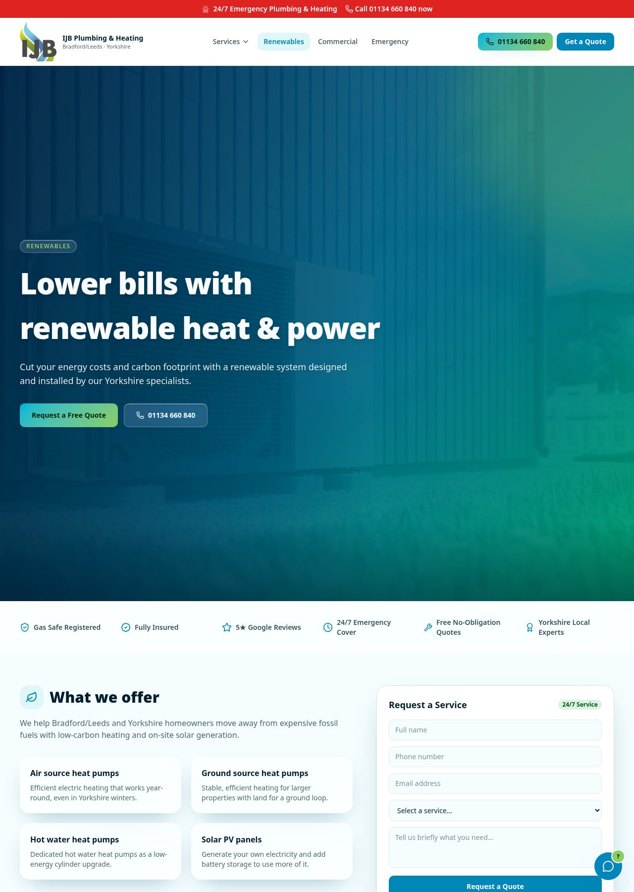 IJB renewables page featuring heat pumps and solar services in Yorkshire