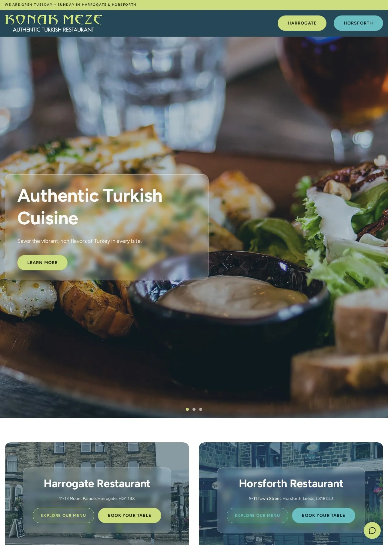 Konak Meze homepage with full-screen food photography and restaurant chooser for Harrogate and Horsforth