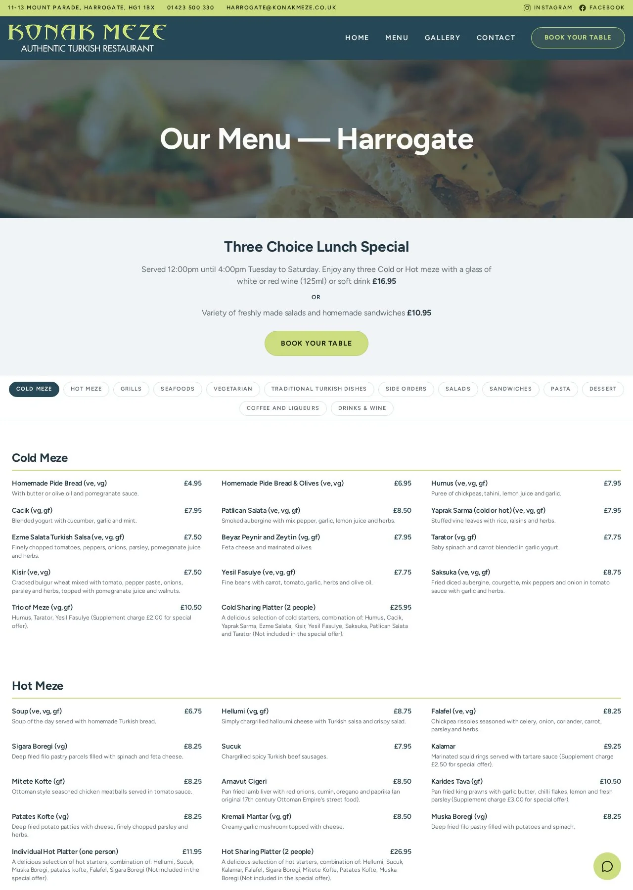 Konak Meze Harrogate menu page with tabbed categories, prices and dietary labels