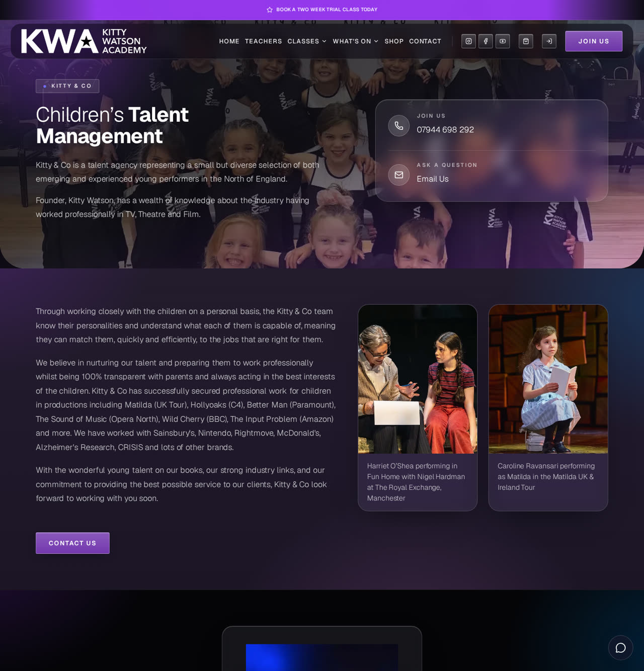 Kitty & Co children's talent management agency page on the KWA website