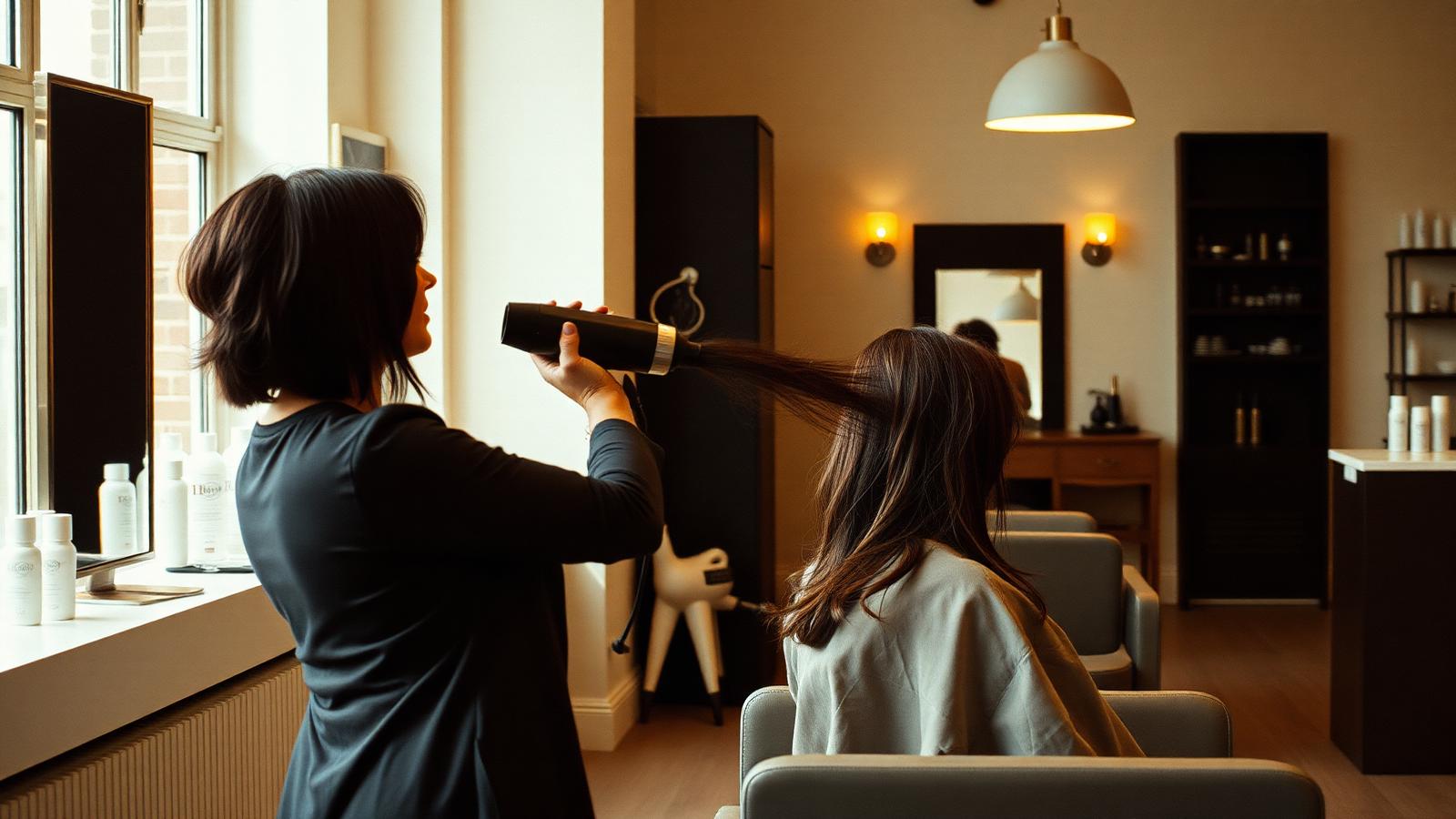 Stylist blow-drying a client's hair in a warm, modern UK hair and beauty salon