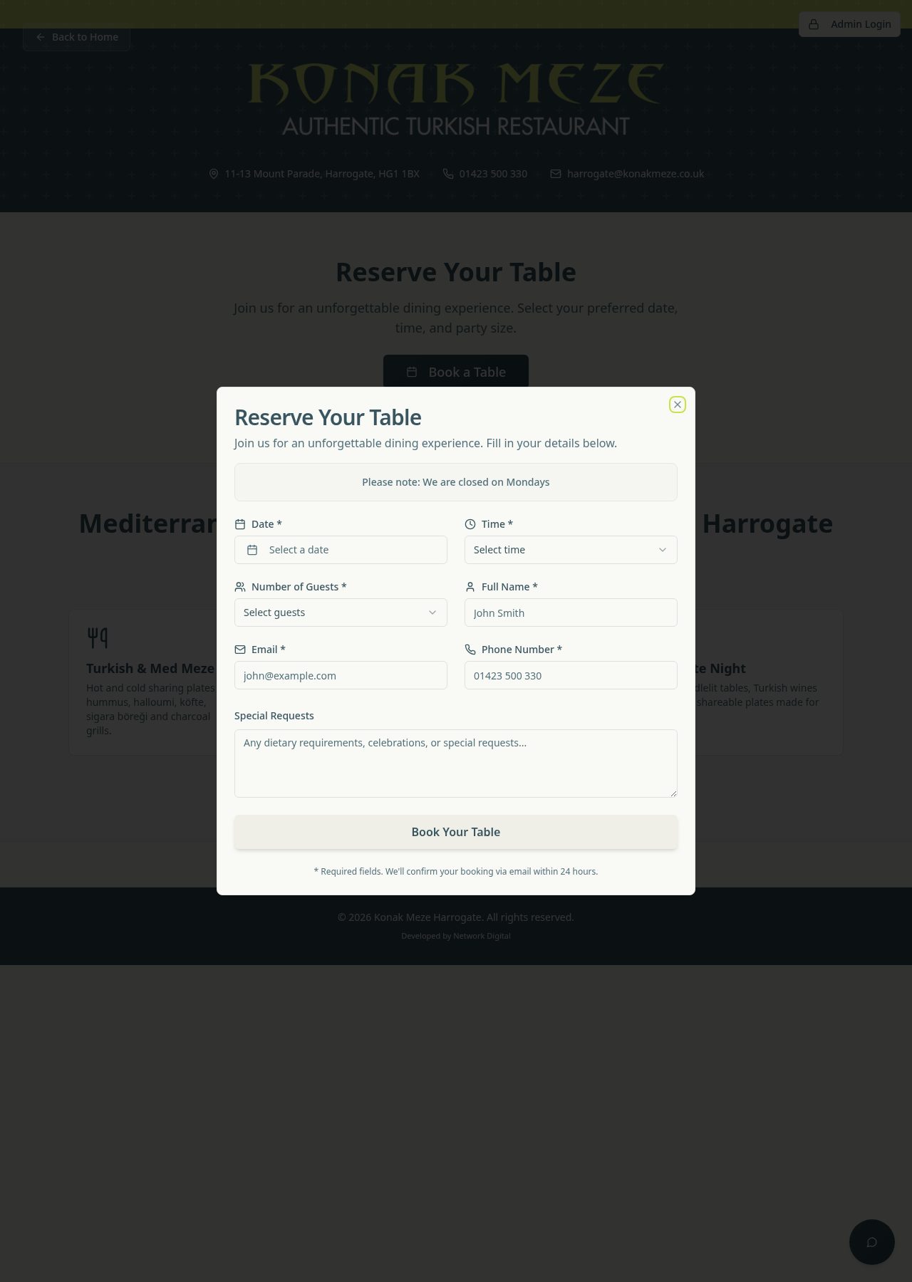 Konak Meze online table booking form with date, time, party size and special requests fields