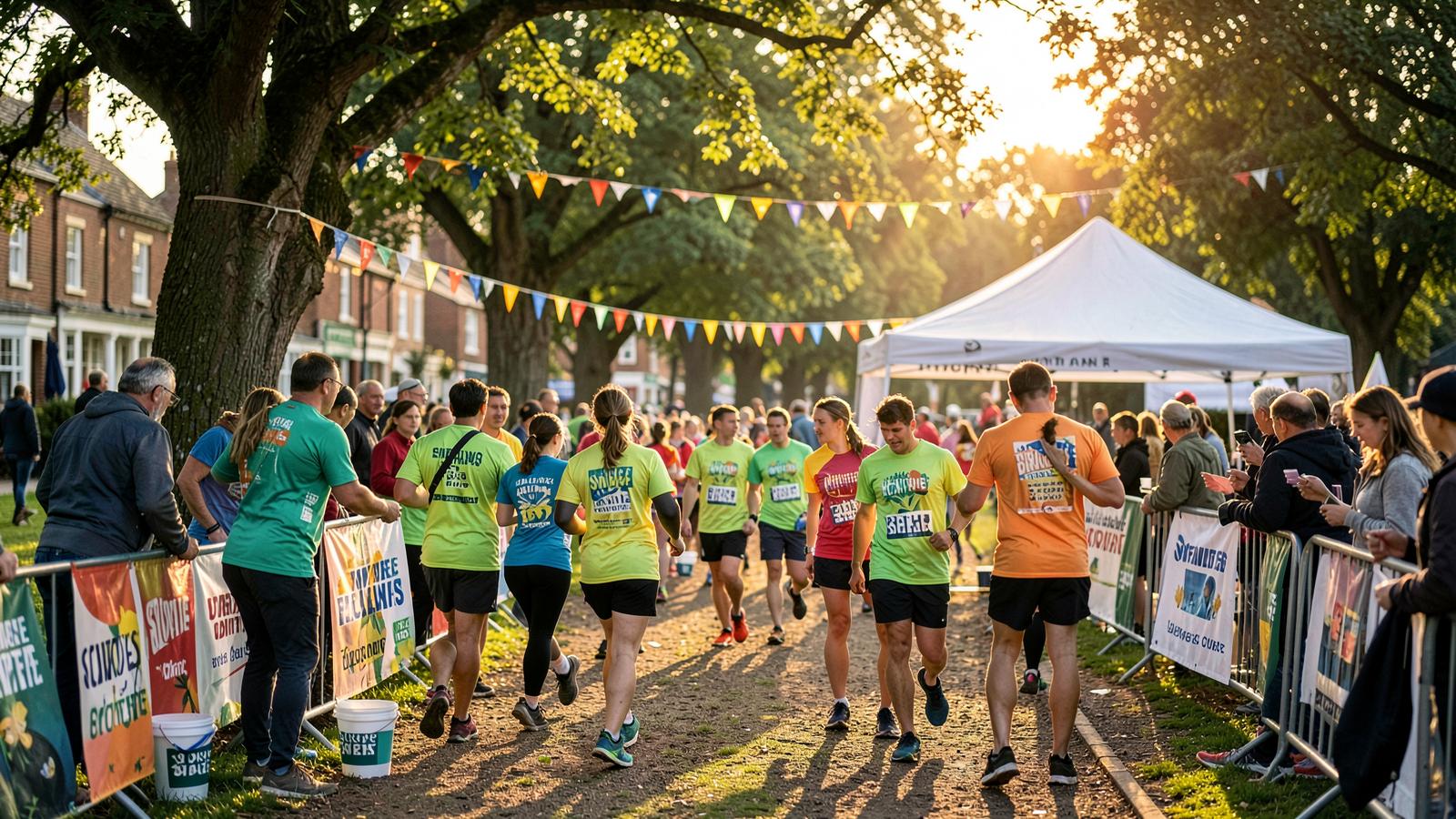Charity fun run fundraising event in a British town park with runners, bunting and supporters