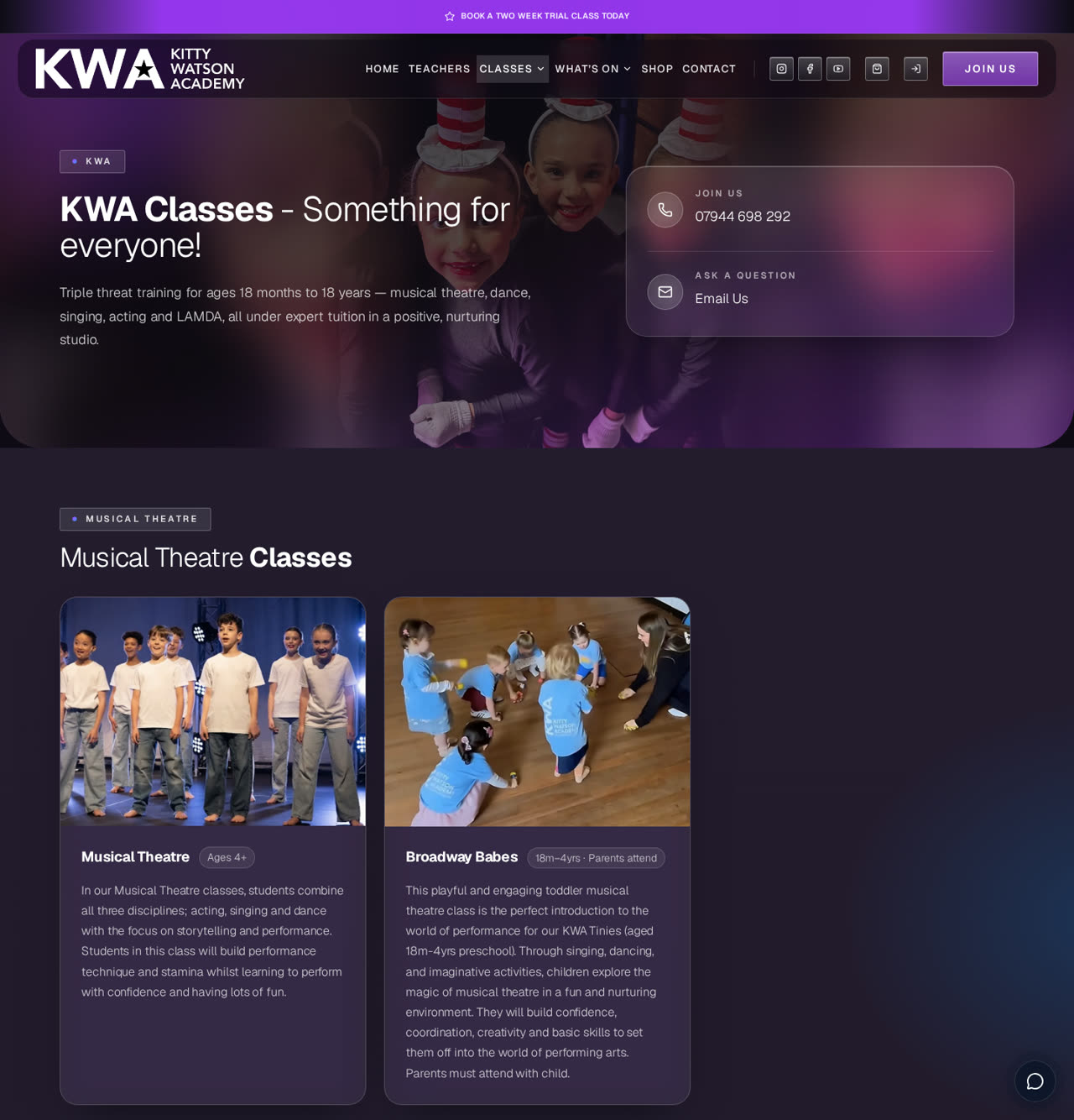 KWA classes page describing musical theatre, dance, acting and singing training