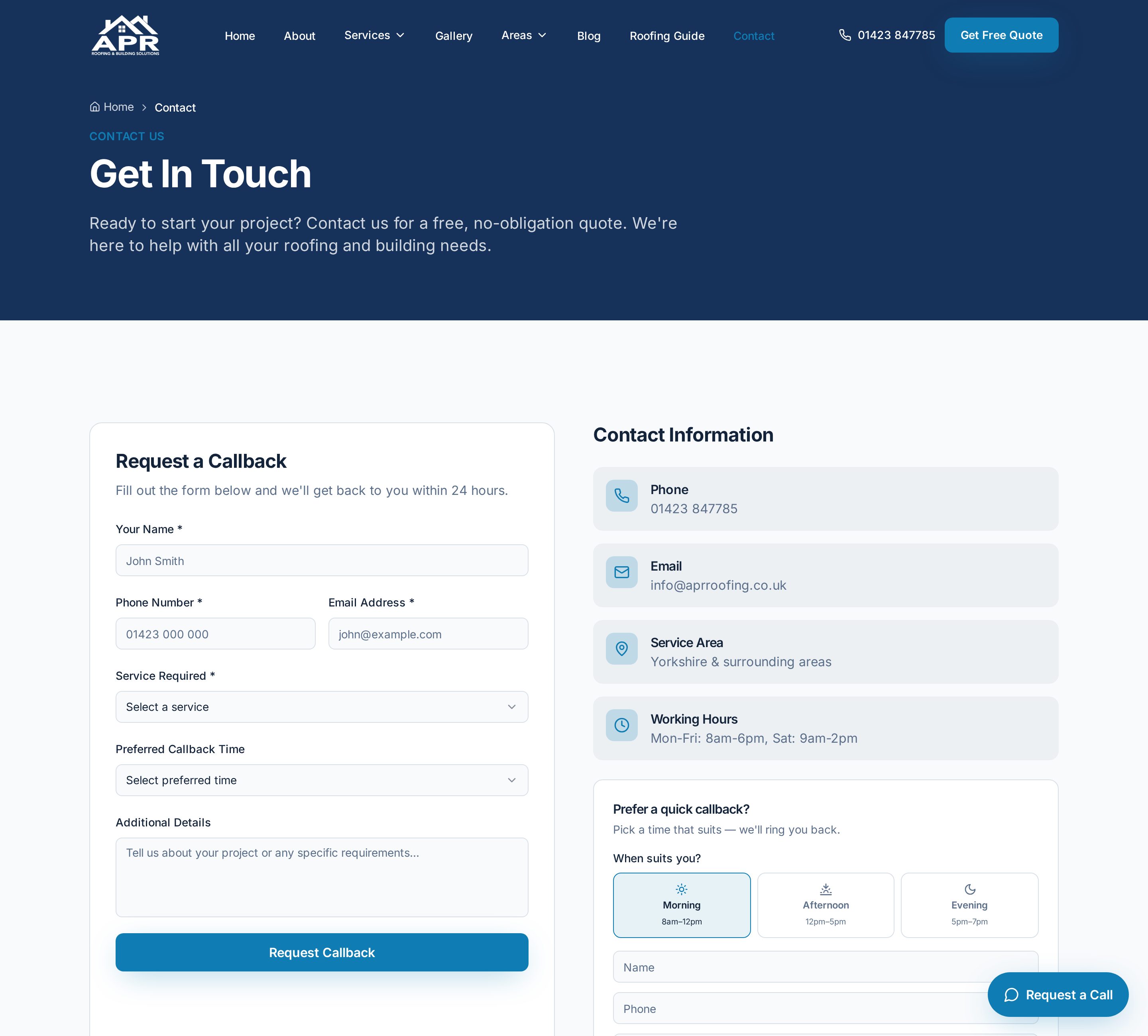 APR Roofing contact page with free survey request form, phone number and coverage area