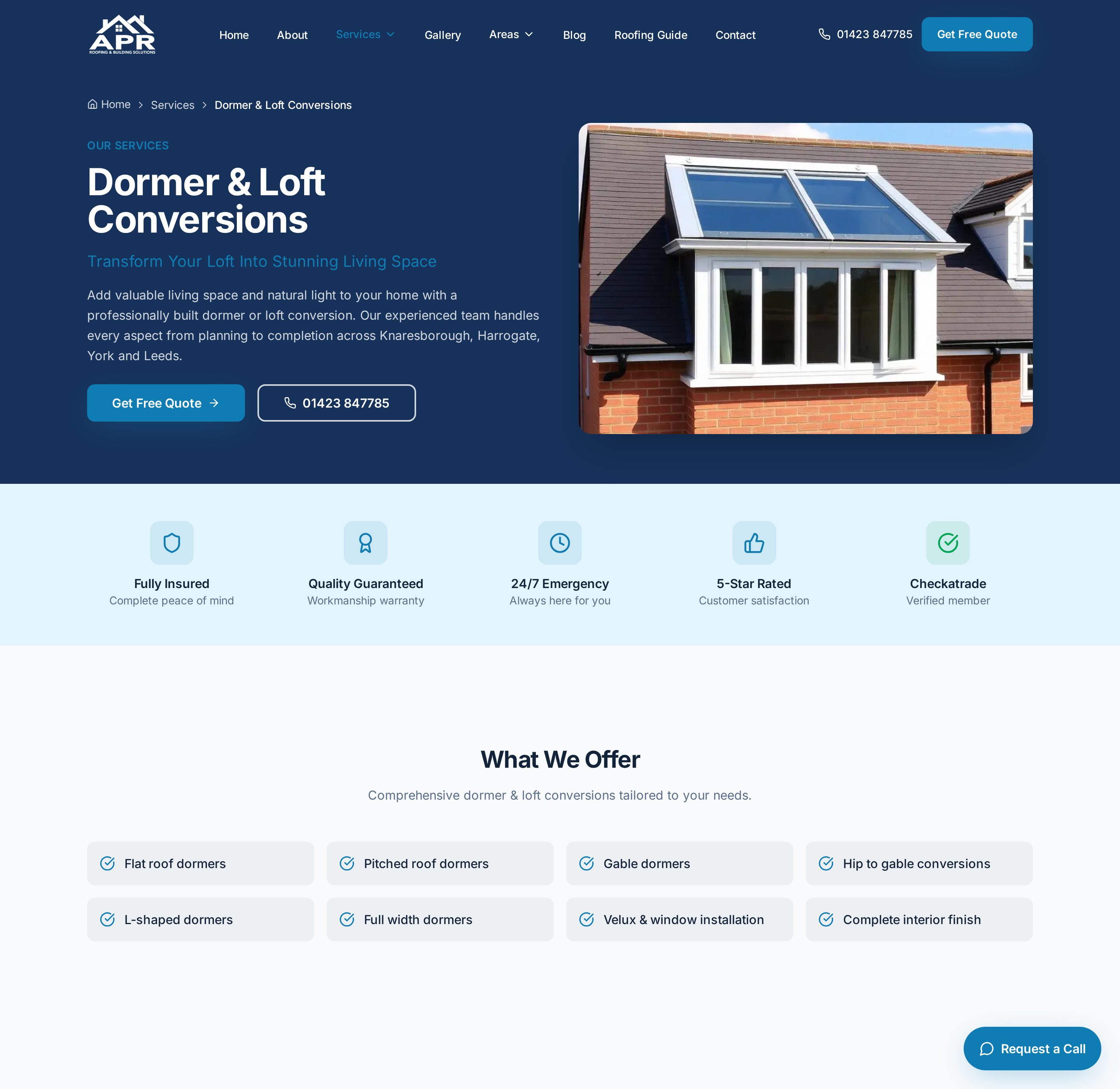APR Roofing dormer loft conversion page with completed slate dormer photography