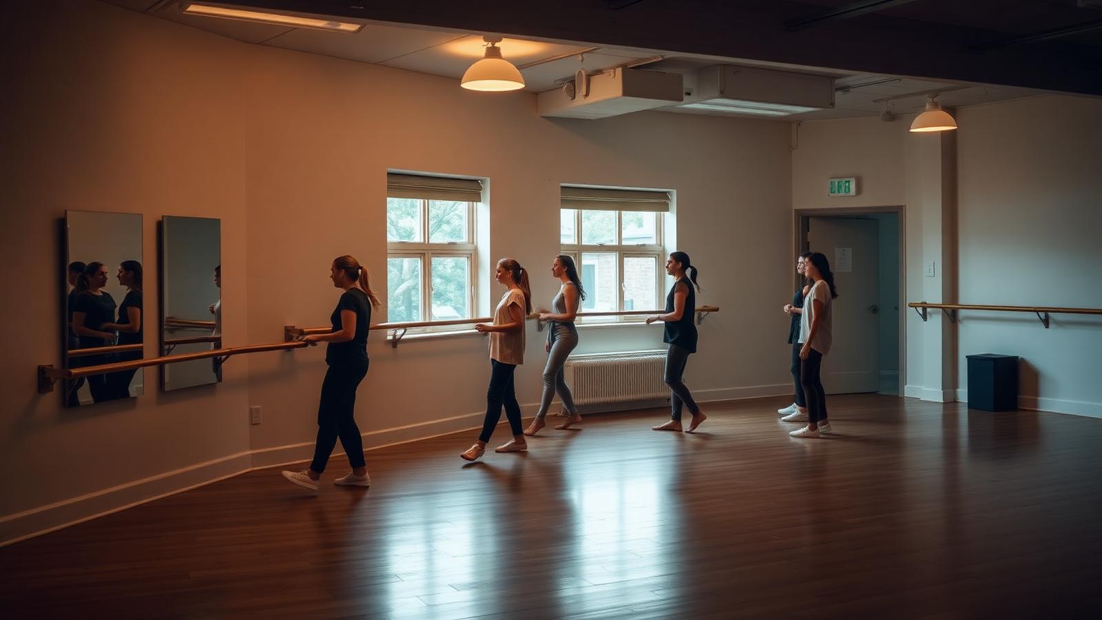 Students rehearsing in a mirrored UK dance and drama studio with a ballet barre