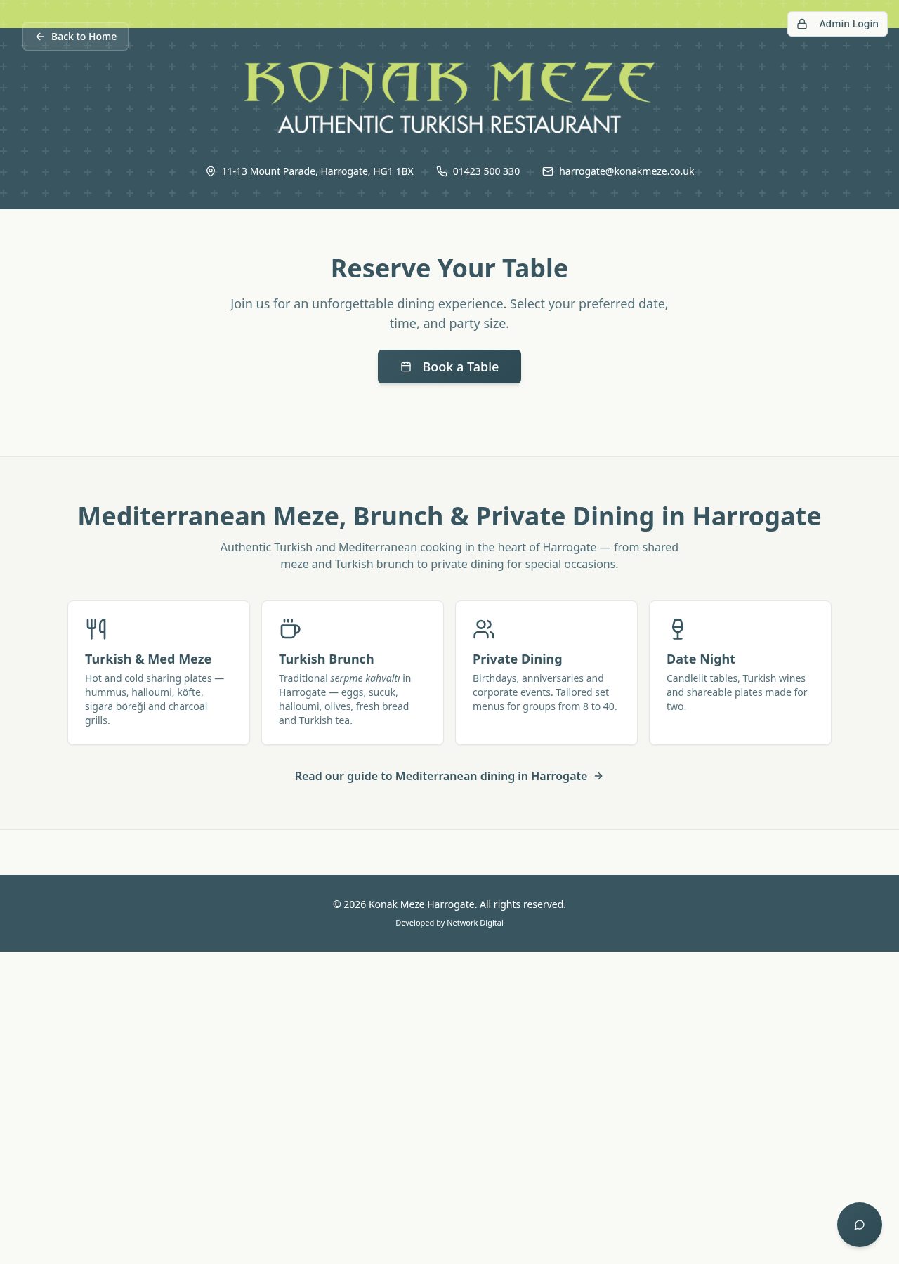 Konak Meze Harrogate location page with address, phone, email and reserve your table section