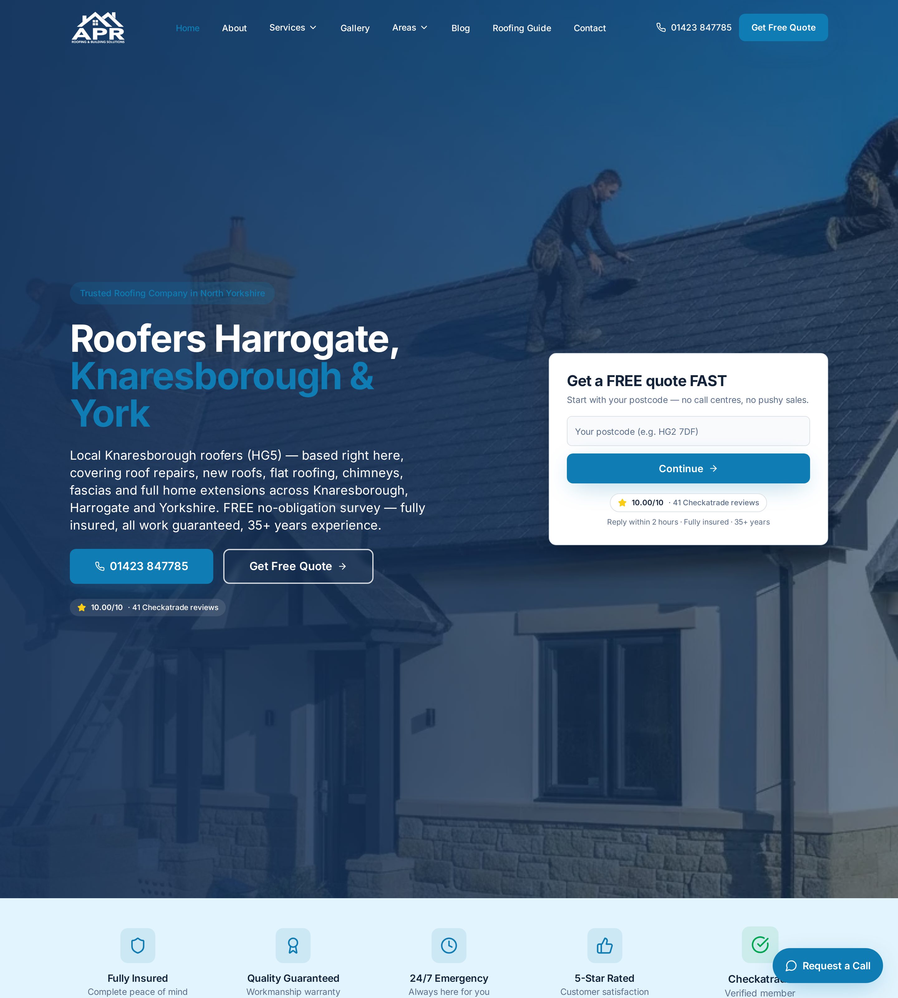 APR Roofing homepage showing the Harrogate, Knaresborough and York roofing hero and instant quote form