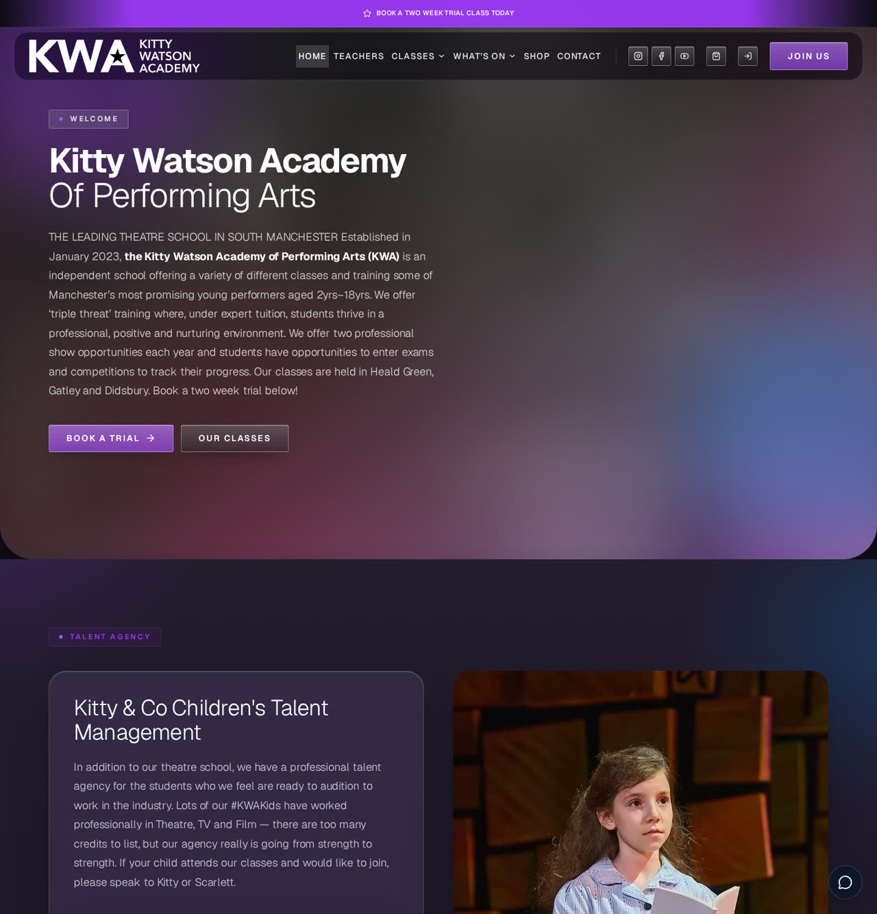 Kitty Watson Academy homepage with the KWA wordmark, welcome introduction and book a trial button