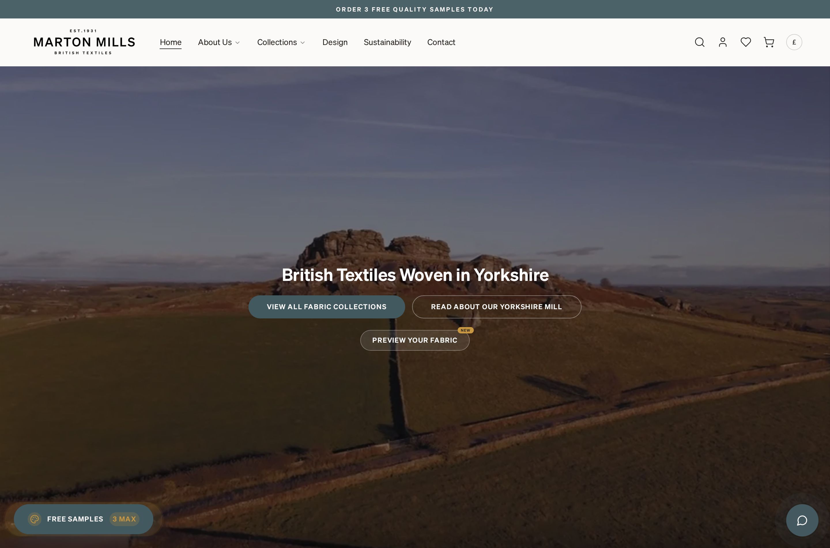 Marton Mills homepage showing the British textiles brand and featured woven collections