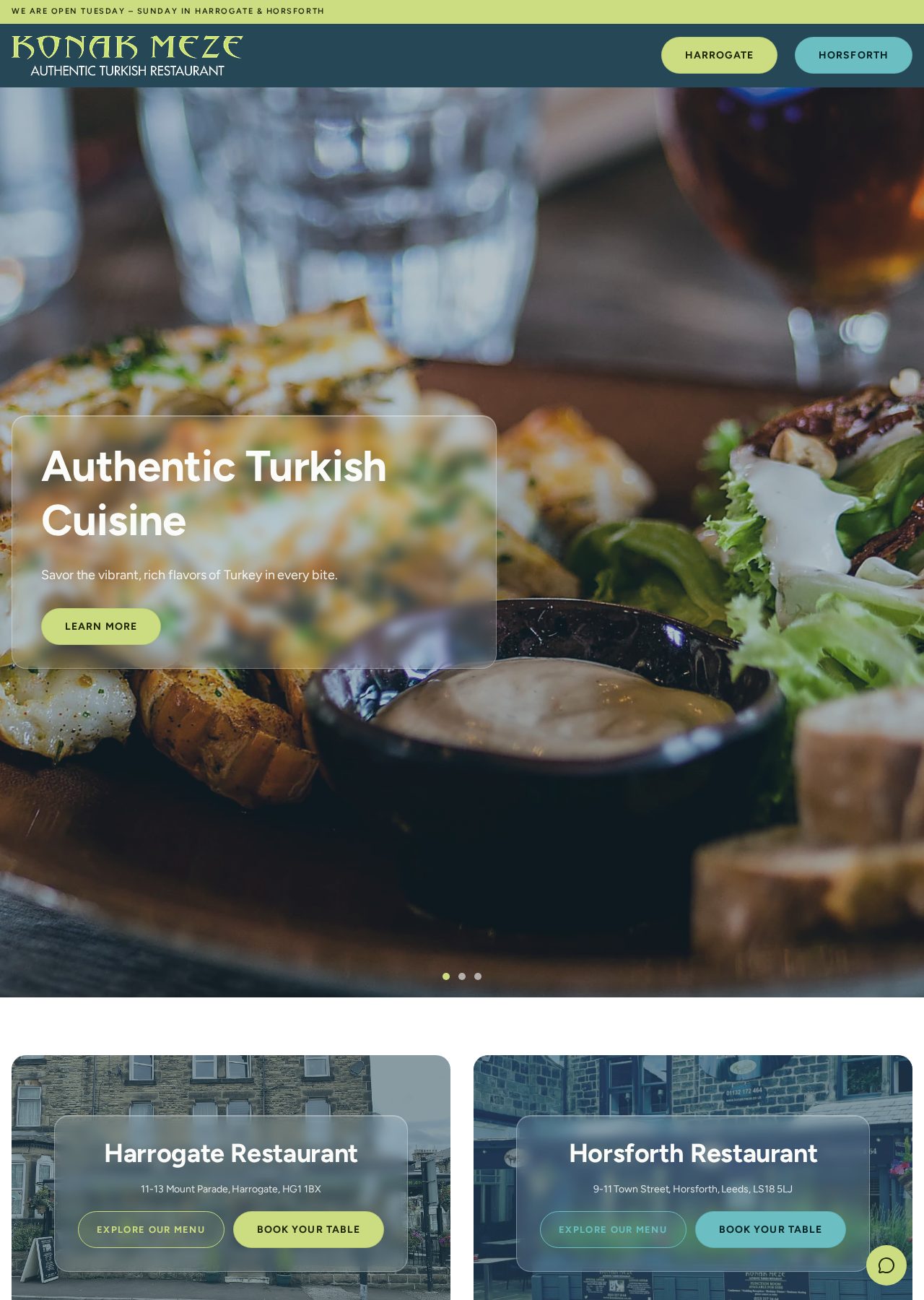 Konak Meze homepage with full-screen food photography and restaurant chooser for Harrogate and Horsforth