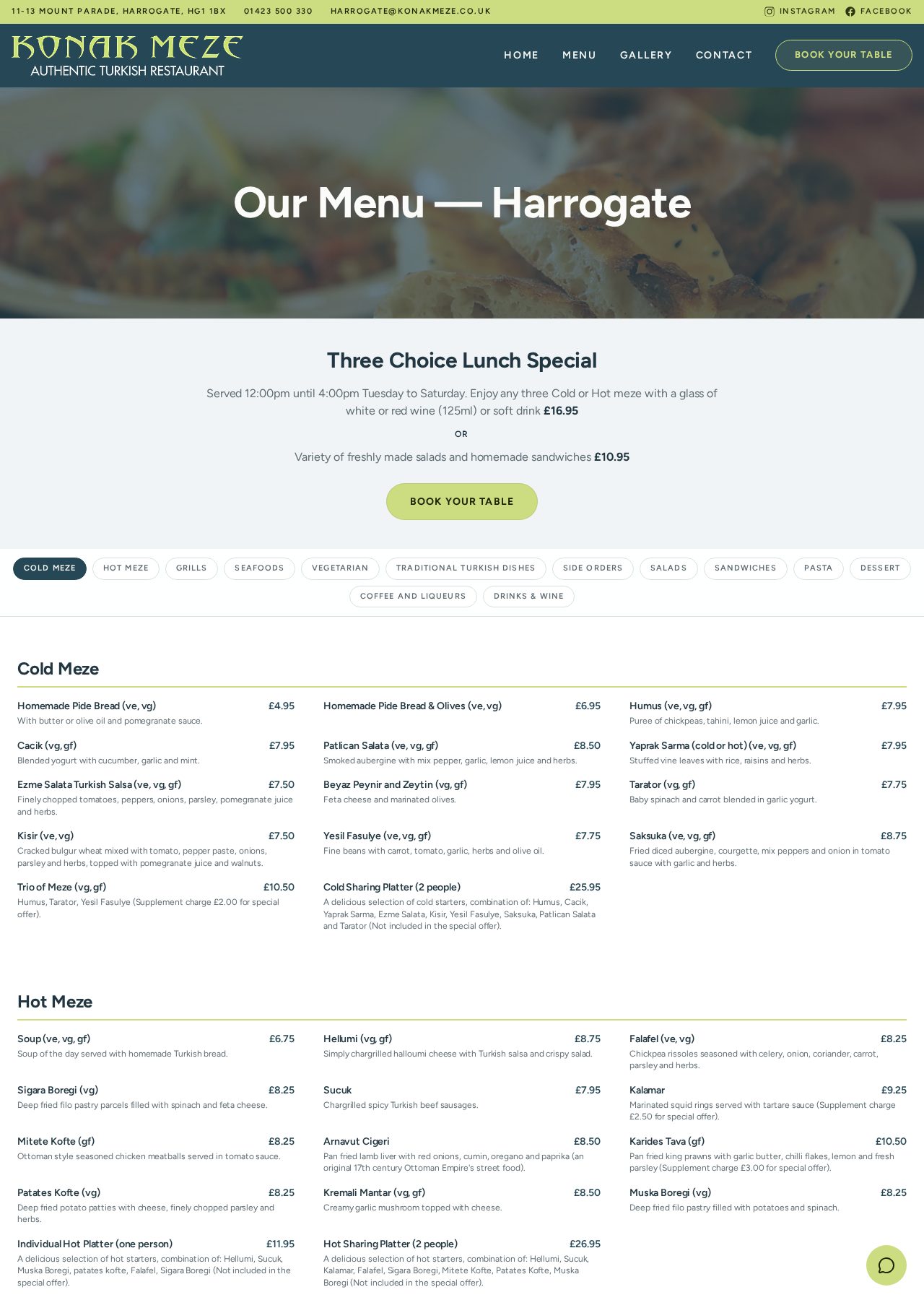 Konak Meze Harrogate menu page with tabbed categories, prices and dietary labels