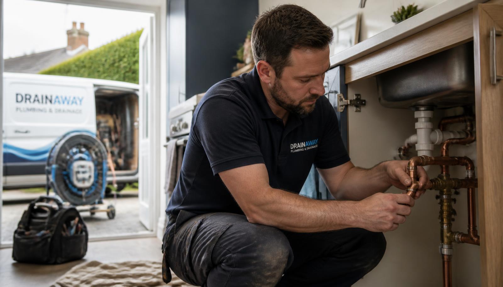 UK plumber fitting copper pipework under a sink with a drainage jetting unit in the background