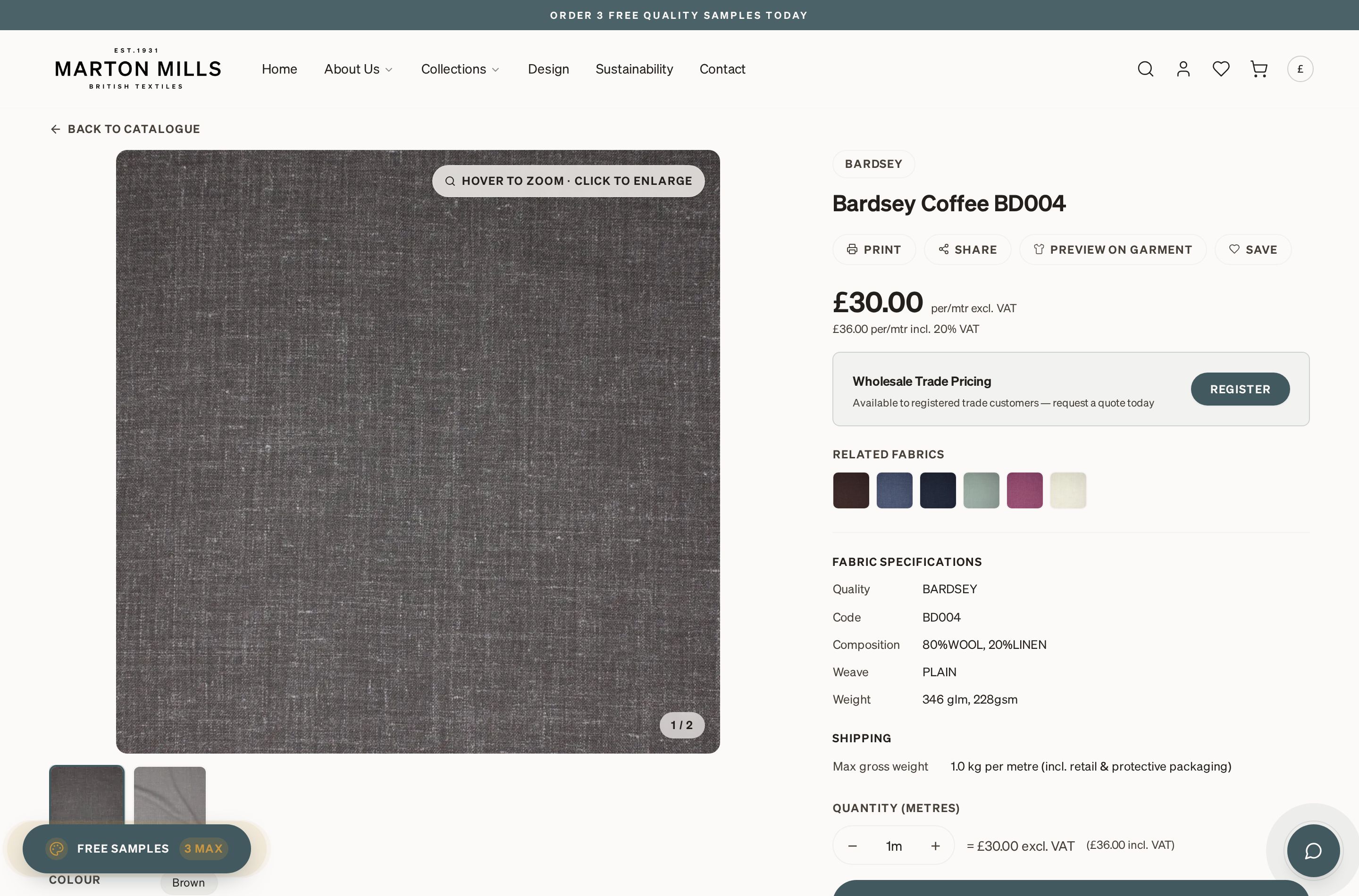 Marton Mills fabric detail page with specifications and trade pricing