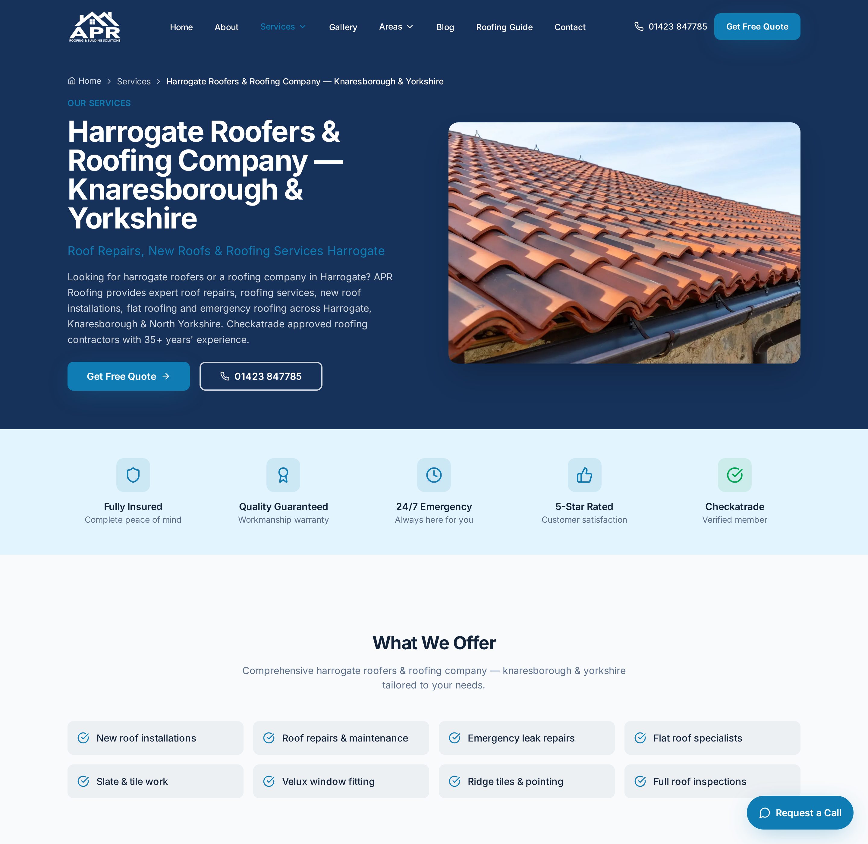 APR Roofing services page detailing new roofs, roof repairs and flat roofing across Yorkshire