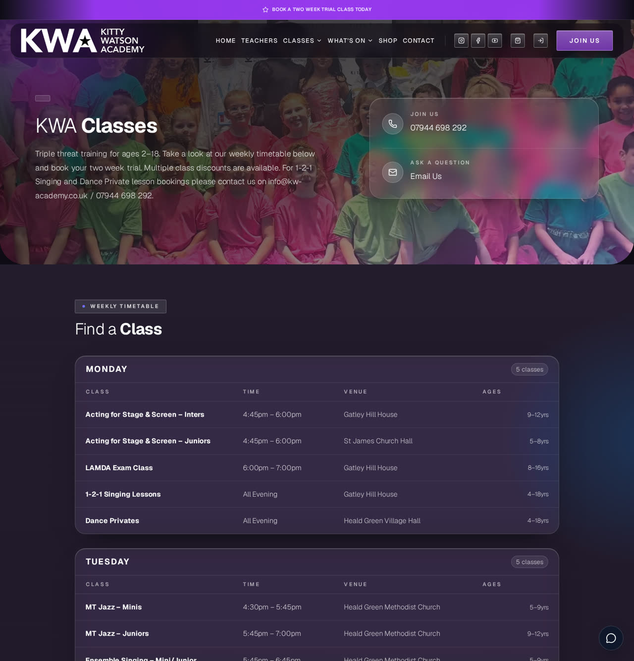 KWA weekly class timetable listing class name, time, venue and age range for each day