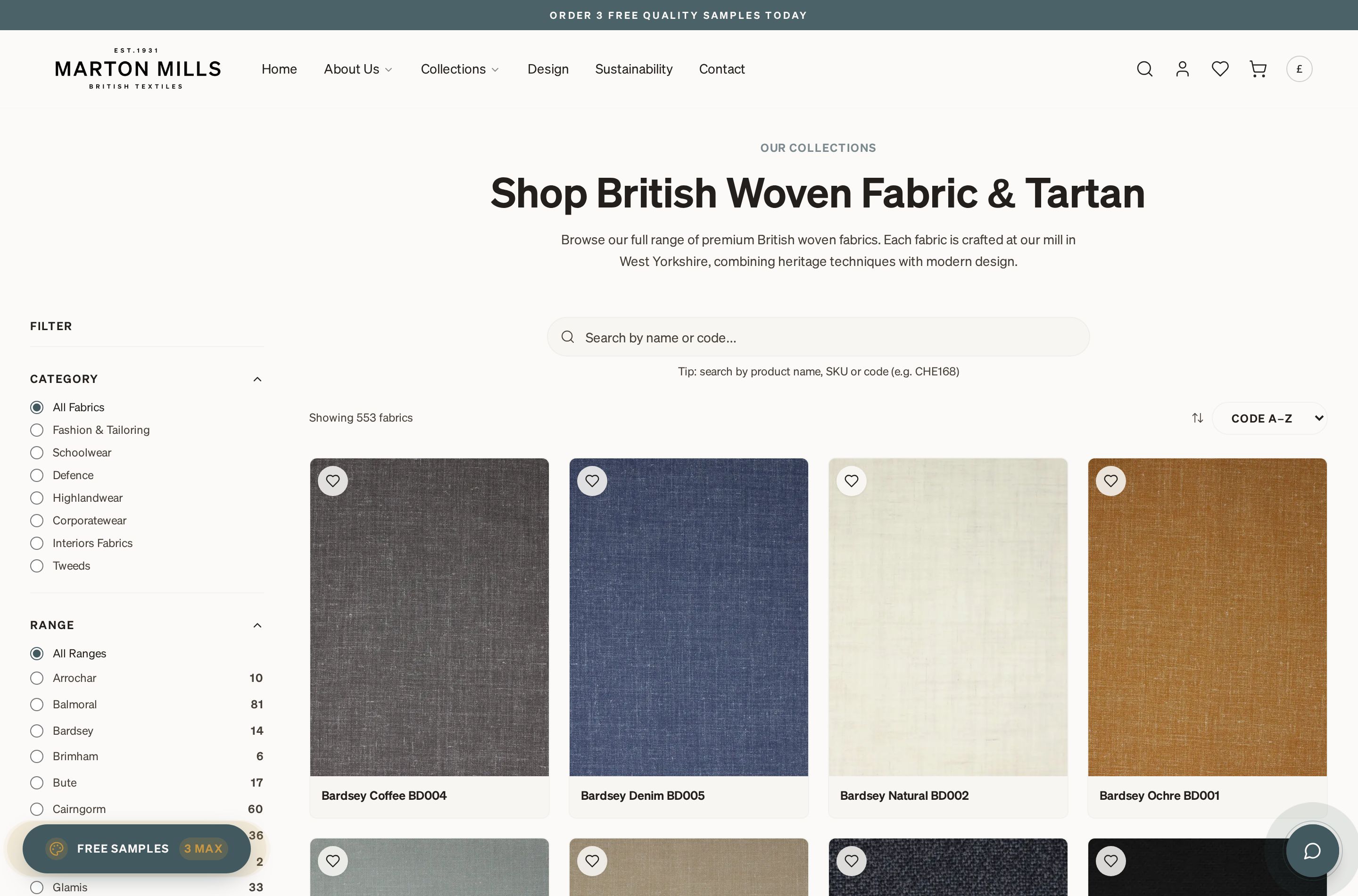 Marton Mills fabric catalogue page with filtering by collection, colour and composition