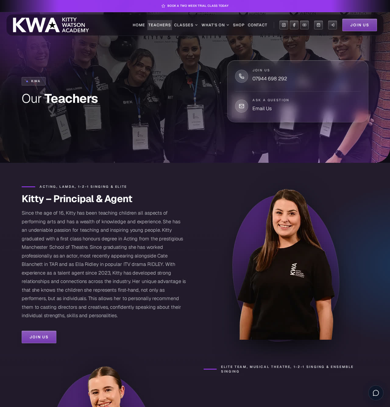 KWA teachers page with tutor biographies and professional training credentials